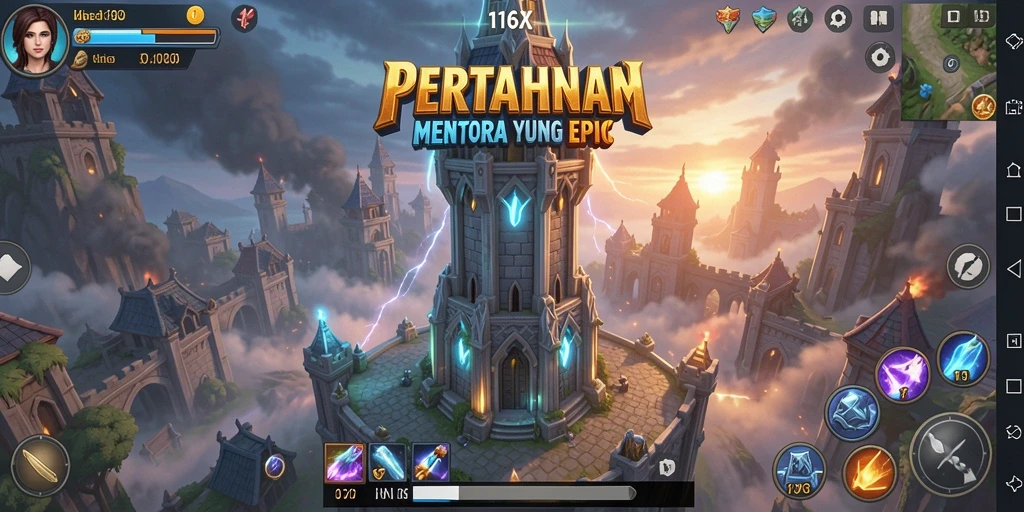 Screenshot gameplay 116X menunjukkan aksi Tower Defense yang intens.