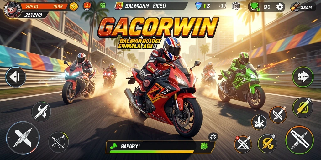 Tangkapan layar GACORWIN menampilkan aksi balapan motor yang mendebarkan.