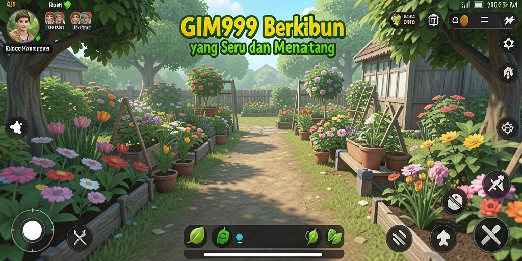 Screenshot utama GIM999 menampilkan  kebun yang subur dan hewan yang bahagia.