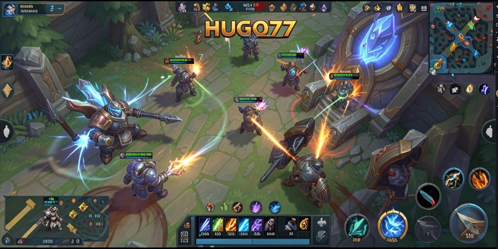 Screenshot gameplay HUGO77 menampilkan pertempuran epik dalam MOBA.