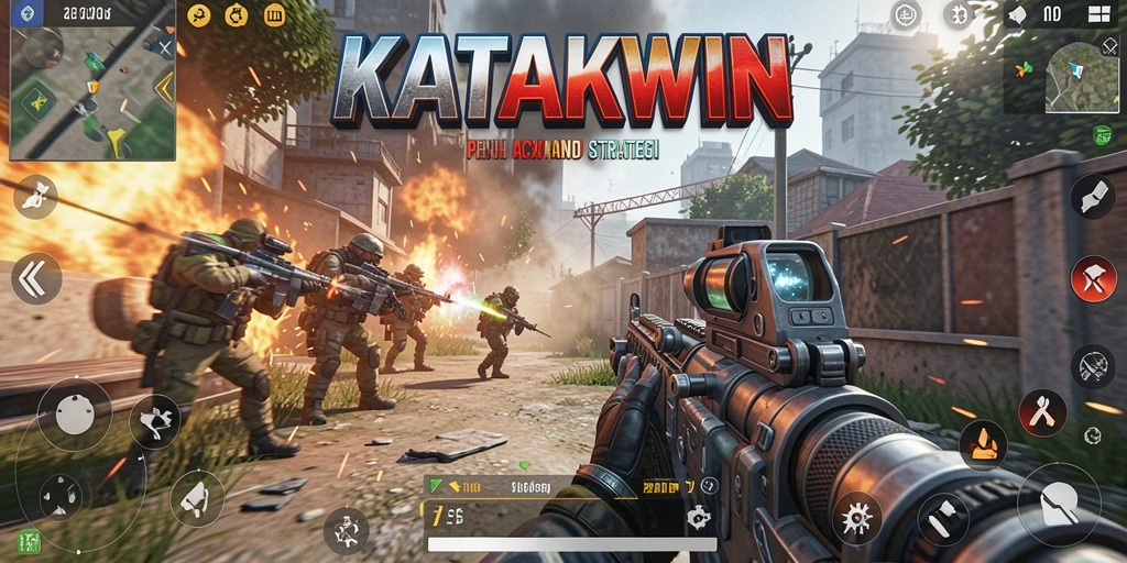 Tangkapan layar KATAKWIN dengan aksi pertempuran yang menegangkan di dalam game FPS.