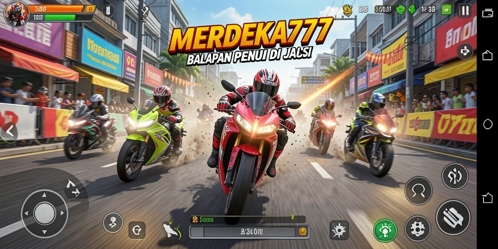 Tampilan gameplay seru MERDEKA777 dengan balapan motor di jalanan.