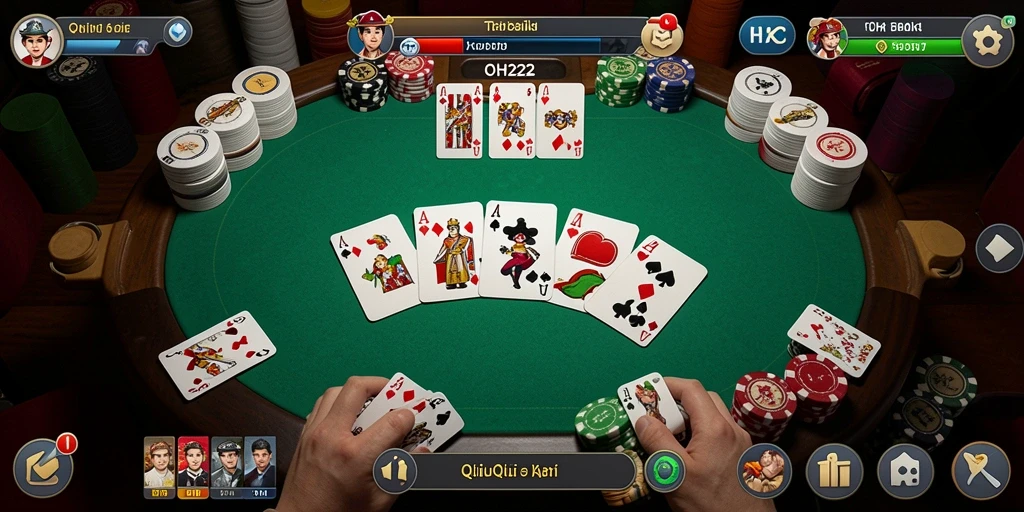 Screenshot gameplay OH222 menampilkan aksi permainan kartu QiuQiu yang seru.