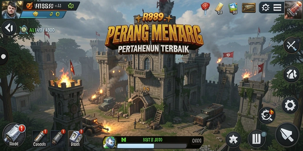 Tampilan gameplay menegangkan di RI889 dengan menara pertahanan yang strategis.