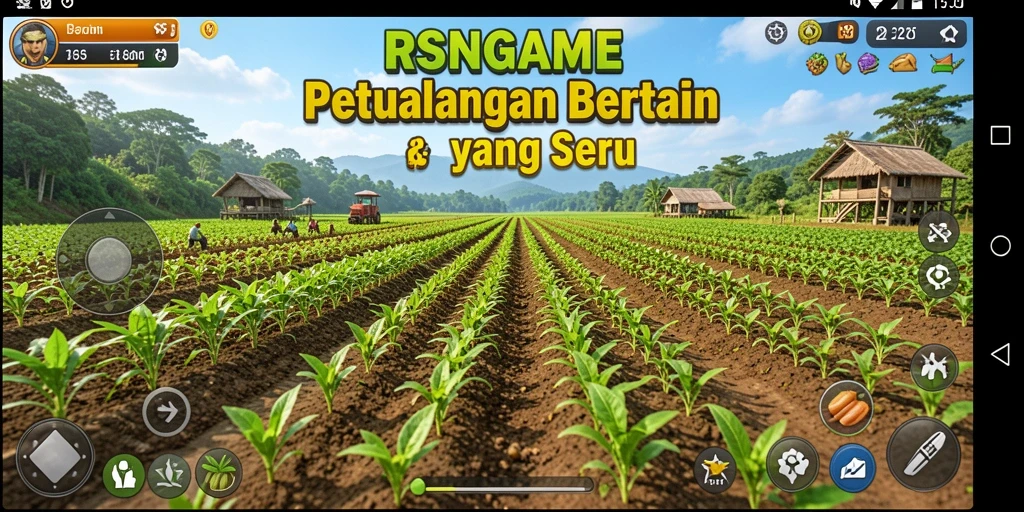 Tampilan utama RSNGAME menampilkan ladang hijau dan tanaman yang subur.